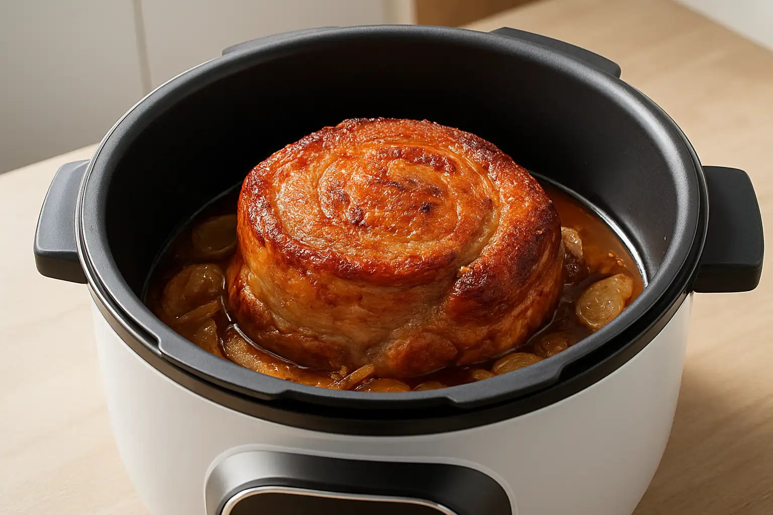 Rouelle de porc dorée dans la cuve d’un Cookeo avec jus de cuisson