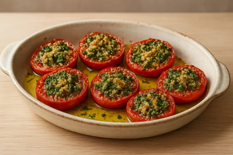 Plat de tomates provençales au four dans un plat en céramique, avec persillade, chapelure dorée et huile d’olive