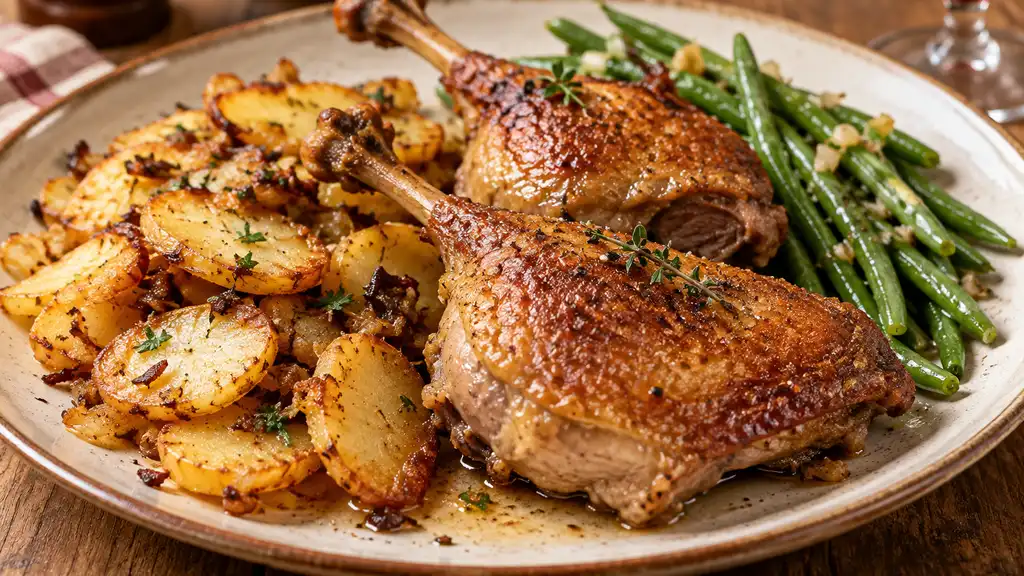Cuisse de canard confite servie avec pommes de terre et haricots verts