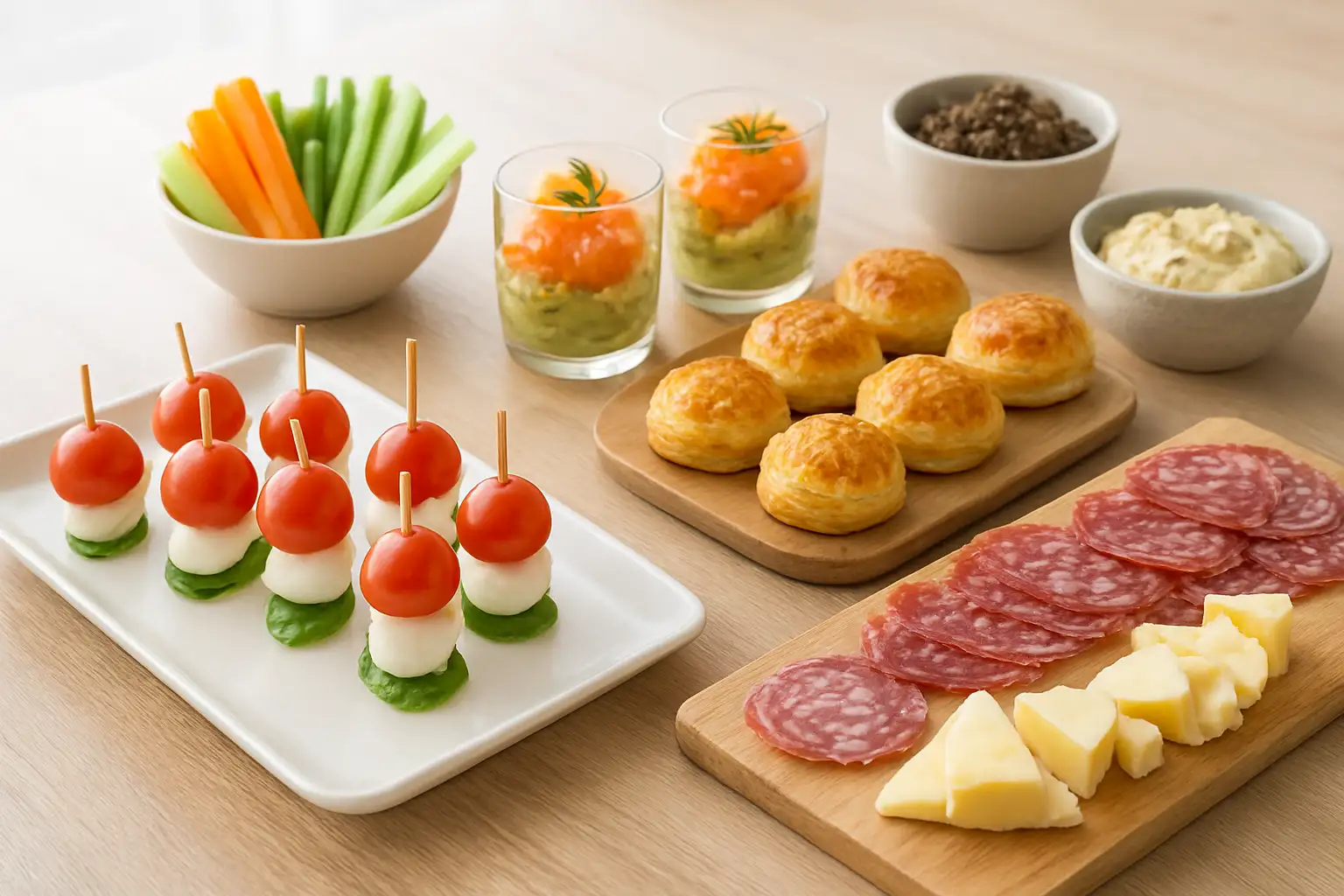 Plateau d’apéritif dînatoire avec bouchées variées, verrines, planche apéro et dips