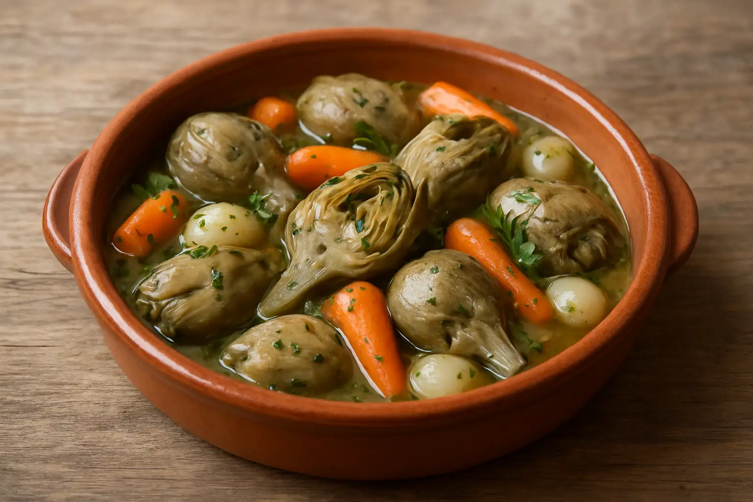 Plat d’artichauts à la barigoule dans une cocotte, avec légumes et herbes
