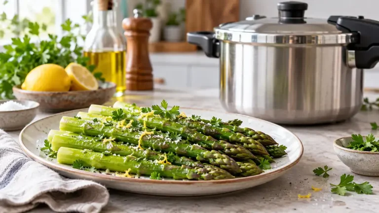 Asperges vertes cuites servies devant une cocotte-minute