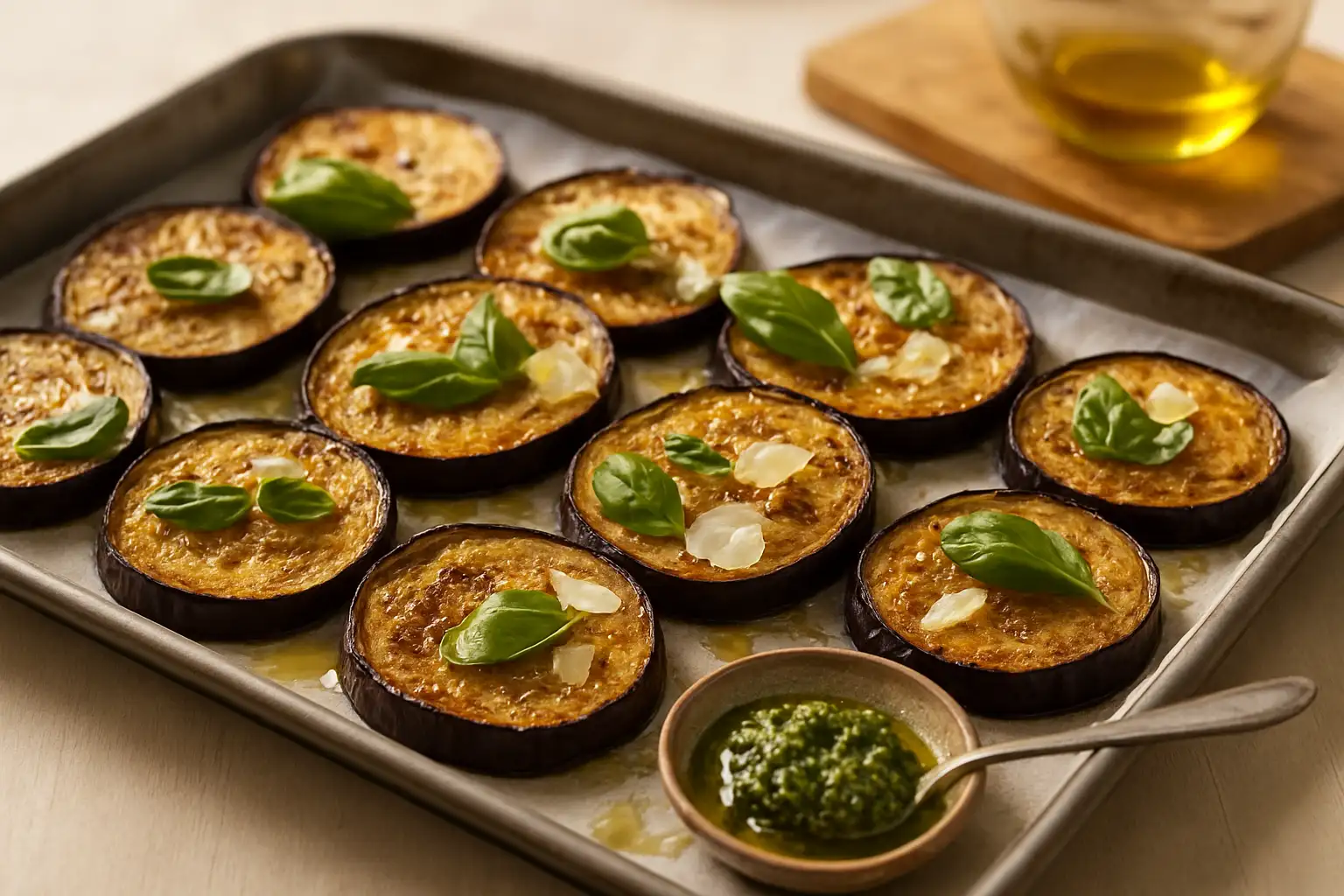 Tranches d’aubergines grillées au four à l’italienne, avec basilic frais et parmesan