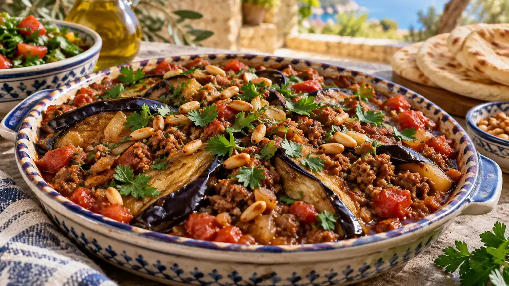 Aubergines mijotées à la tomate et à la viande hachée avec pignons
