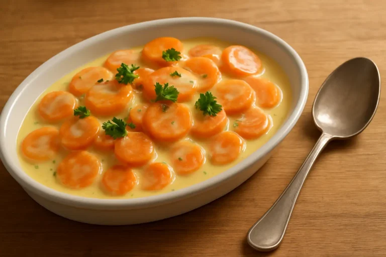 Plat de carottes à la crème avec persil, servi dans un plat ovale blanc