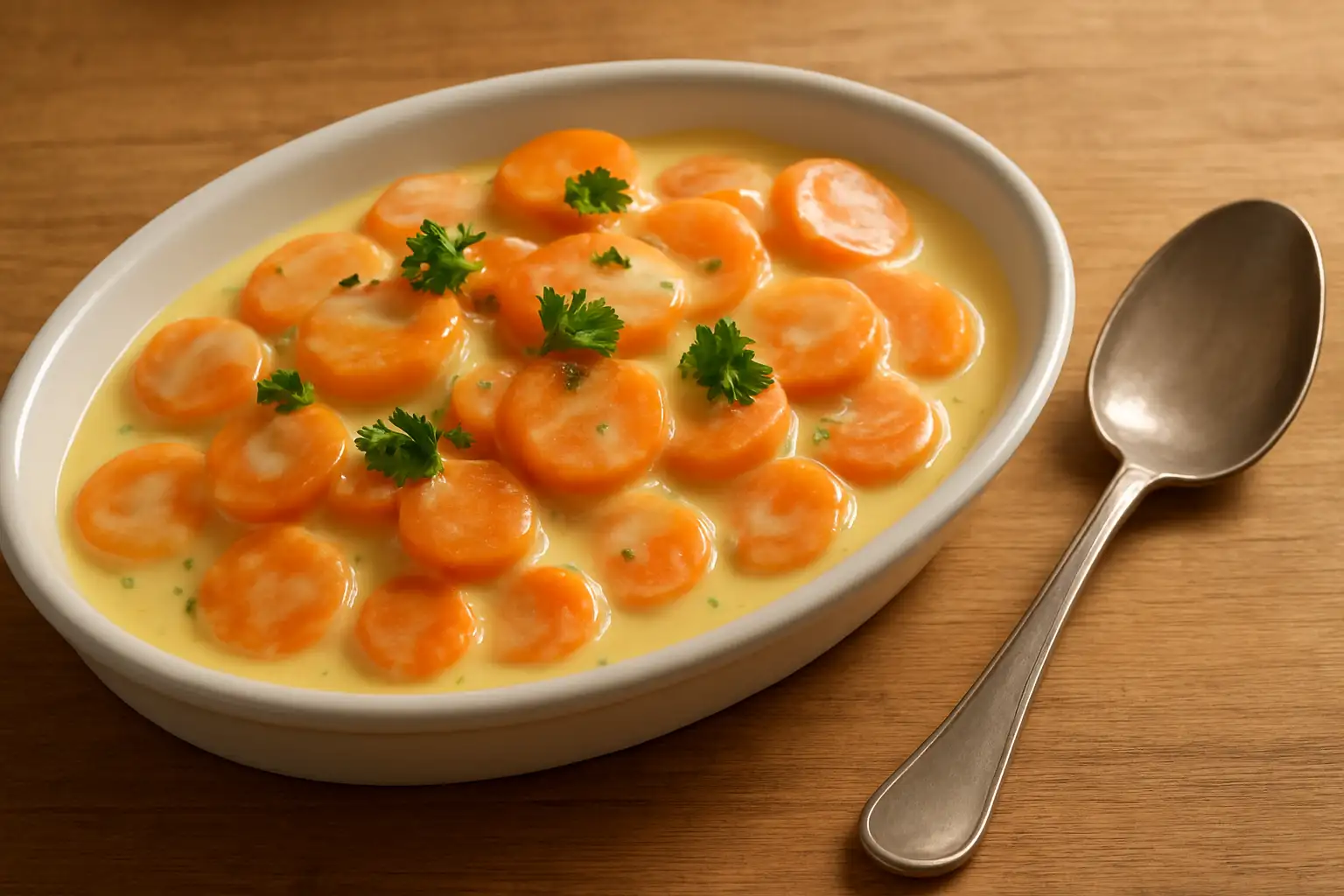 Plat de carottes à la crème avec persil, servi dans un plat ovale blanc