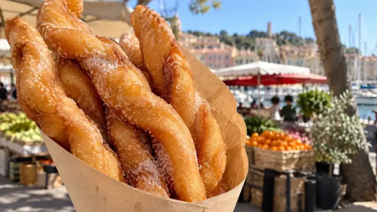 Chichis frégi dorés servis dans une ambiance de marché provençal
