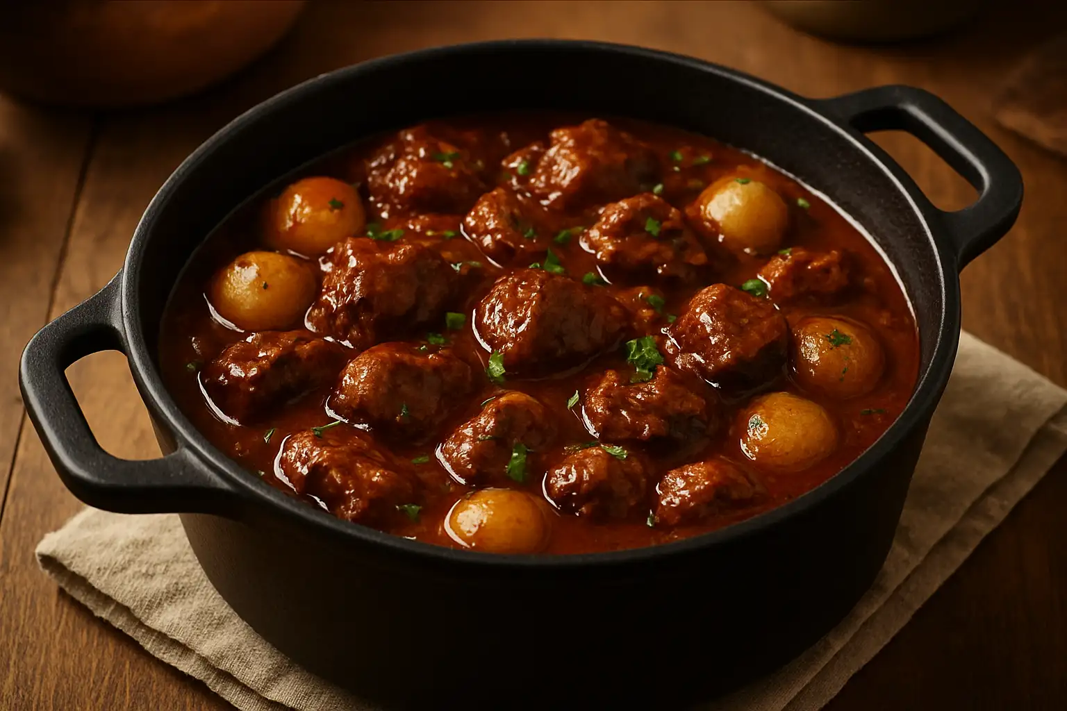 Civet mijoté servi en cocotte avec sauce au vin rouge et garniture rustique