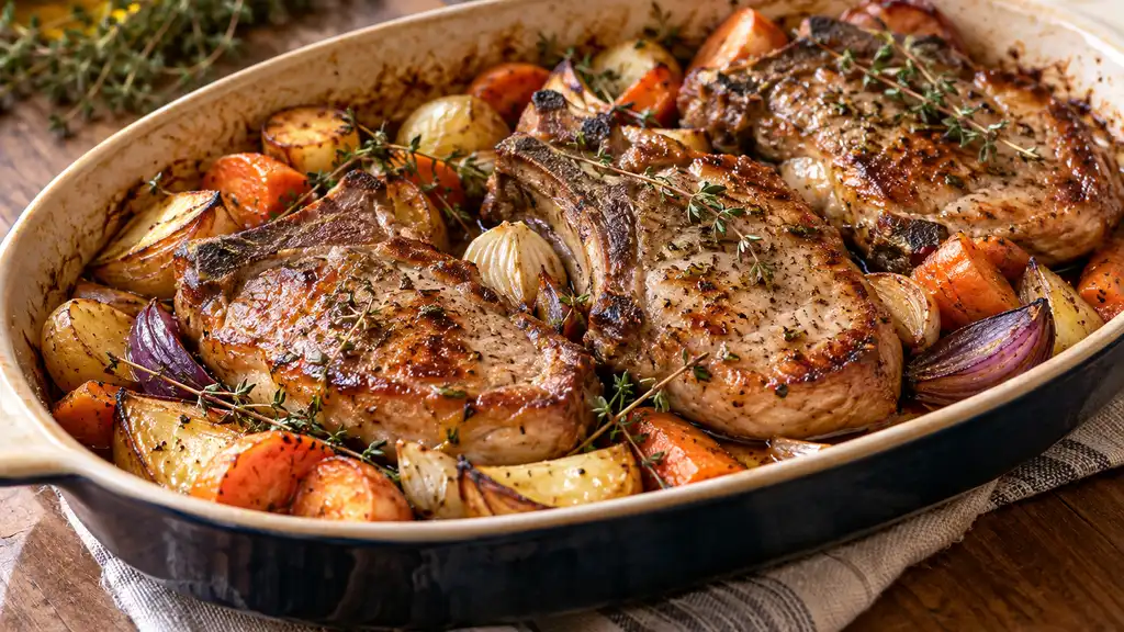Côtes de porc rôties au four avec ail, herbes et légumes