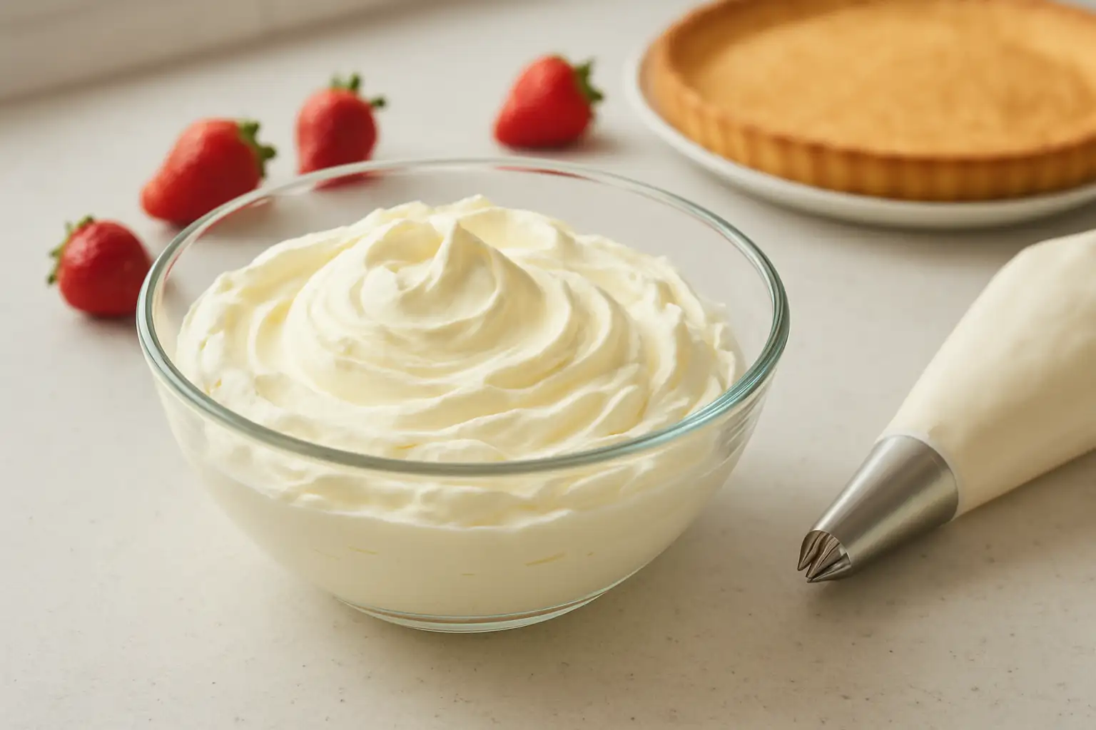 Crème diplomate maison lisse et aérienne dans un saladier, avec une poche à douille et des fruits en arrière-plan
