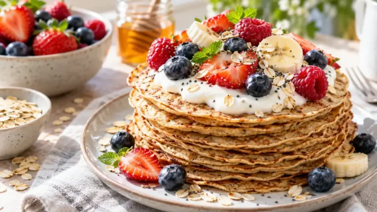 Pile de crêpes à l’avoine garnies de yaourt et fruits frais