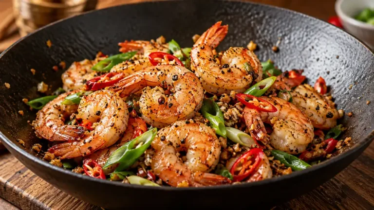 Crevettes sautées avec poivre noir, piment et oignons nouveaux