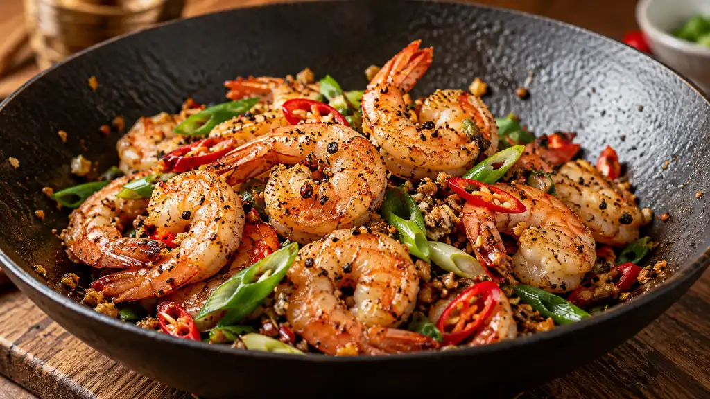 Crevettes sautées avec poivre noir, piment et oignons nouveaux