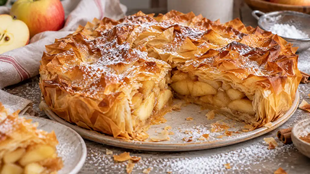 Croustade dorée en pâte filo garnie de pommes fondantes