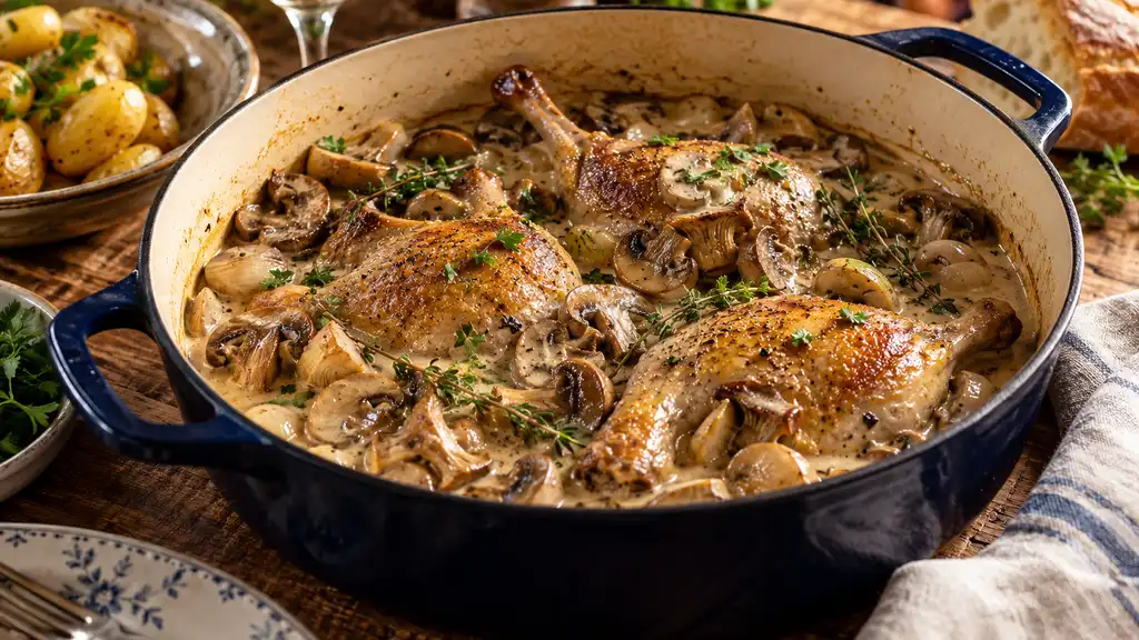 Cuisses de pintade mijotées dans une sauce crémeuse aux champignons