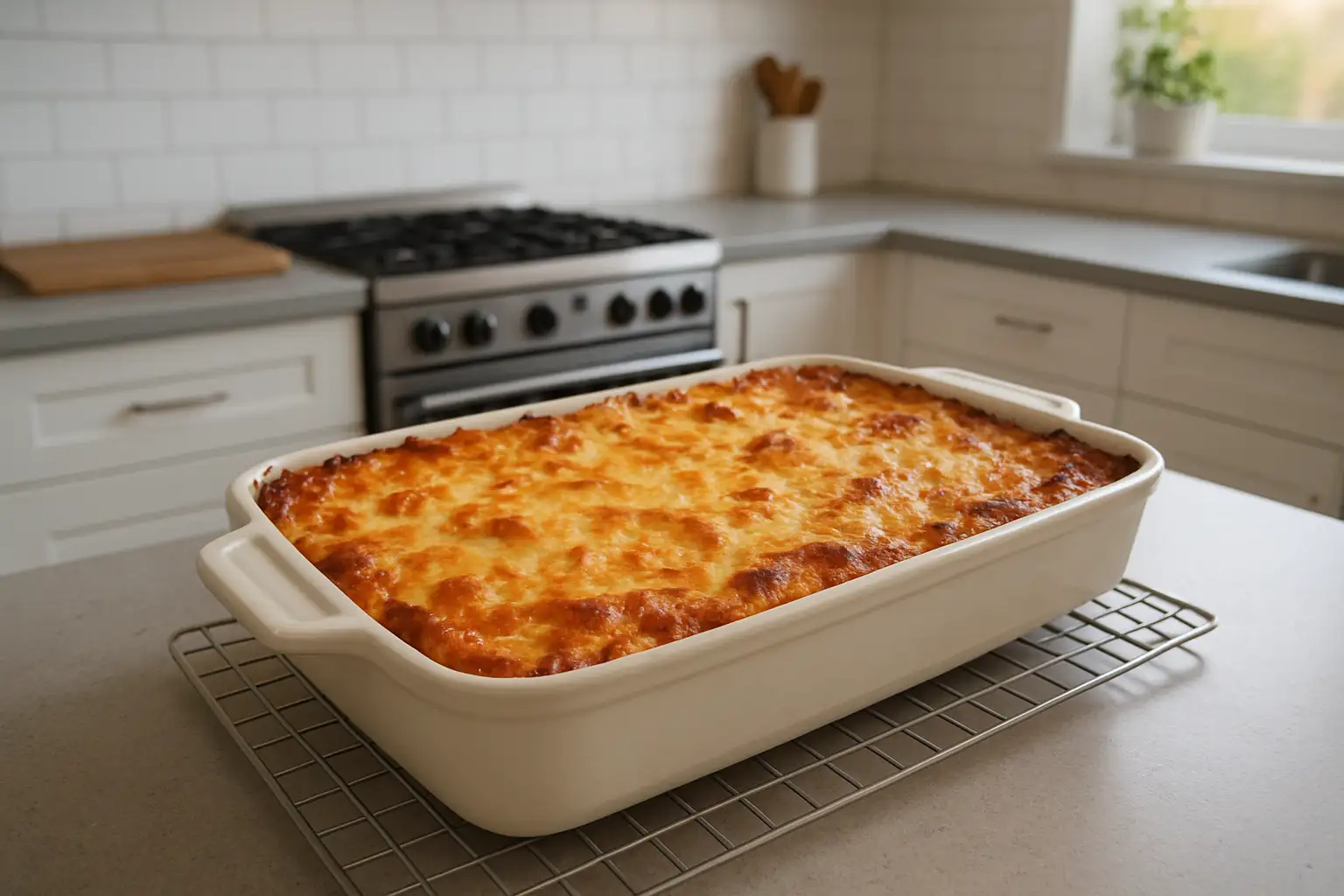 Plat de lasagnes dorées sortant du four dans une cuisine familiale