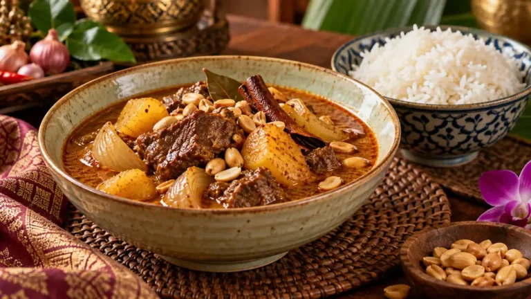 Curry massaman thaï au bœuf, pommes de terre et cacahuètes