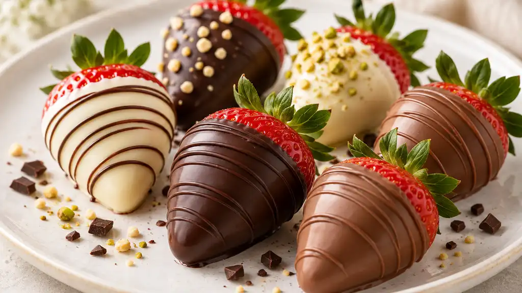 Fraises fraîches enrobées de chocolat noir, lait et blanc