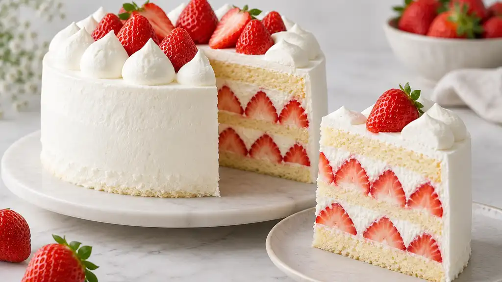 Fraisier japonais blanc à la chantilly avec fraises visibles à la découpe
