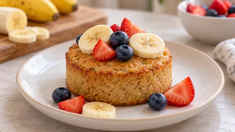 Petit gâteau sans sucre ajouté décoré de banane, fraises et myrtilles