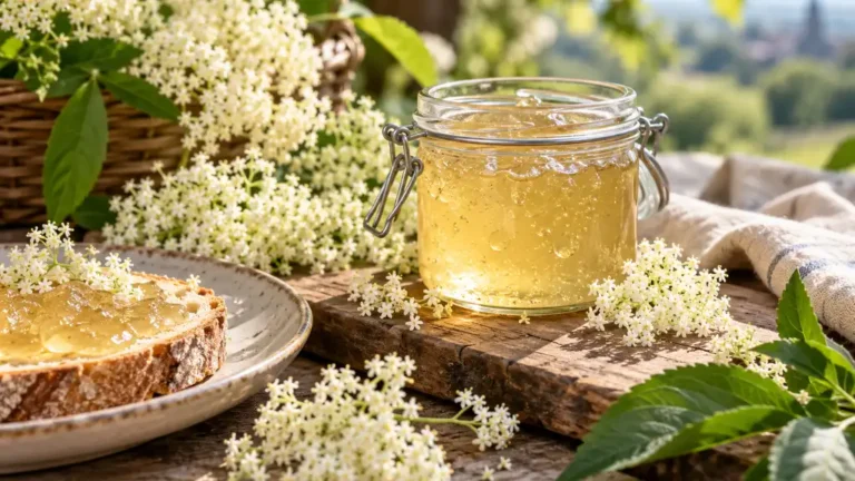 Gelée dorée en bocal entourée de fleurs fraîches de sureau noir