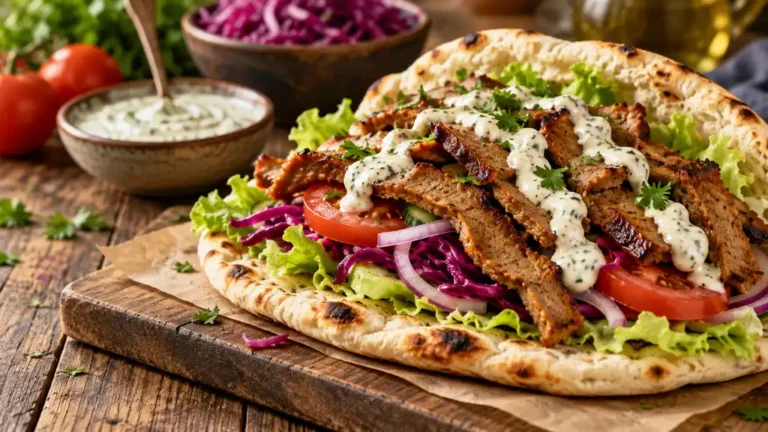 Pain plat garni de seitan grillé, crudités et sauce végétale