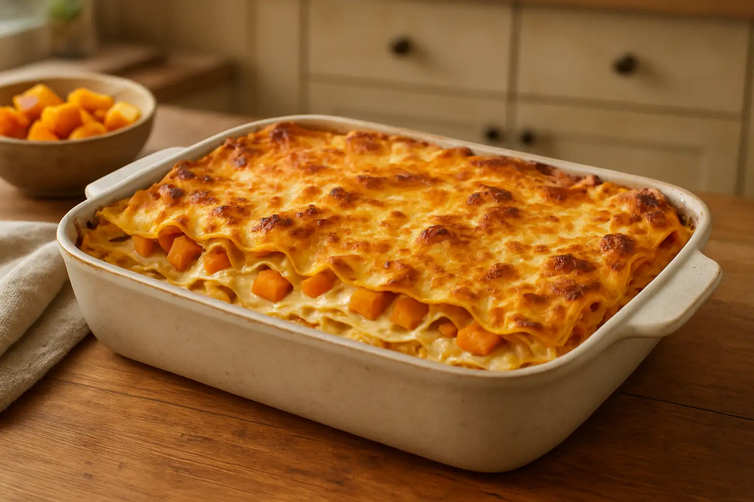 Lasagnes butternut maison dorées et fondantes dans un plat à gratin