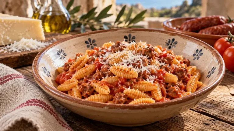 Malloreddus sardes en sauce tomate à la saucisse et au pecorino