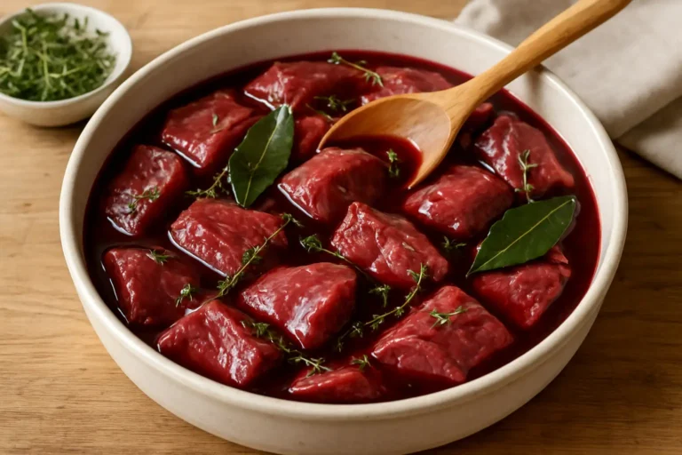 Morceaux de sanglier crus marinés dans du vin rouge avec thym et laurier