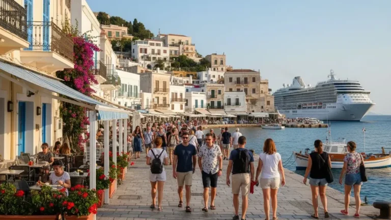 Quai méditerranéen coloré avec cafés, bateaux et navire de croisière au large.