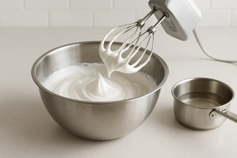 Meringue italienne brillante dans un bol avec sirop de sucre et fouet en cuisine