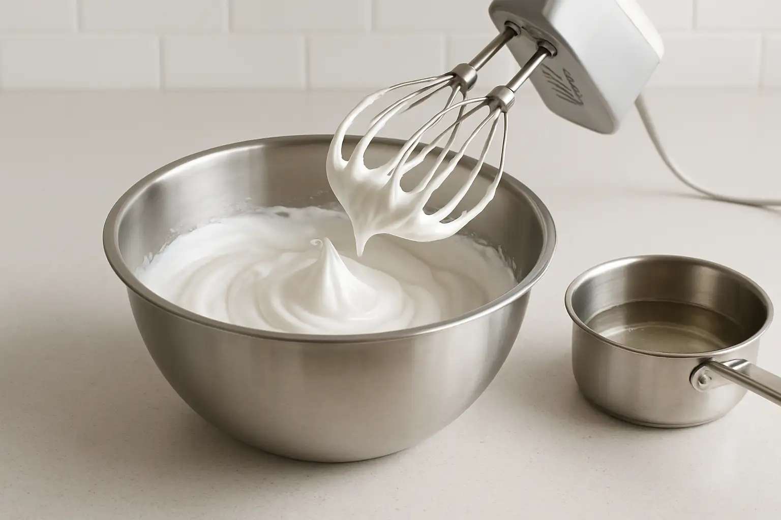 Meringue italienne brillante dans un bol avec sirop de sucre et fouet en cuisine
