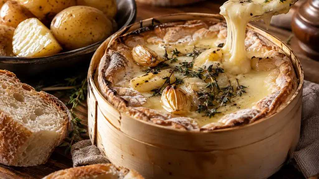 Mont d’Or chaud et fondant avec ail, thym et pain