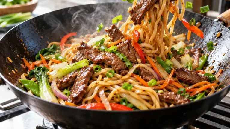 Nouilles sautées au wok avec fines lamelles de bœuf et légumes