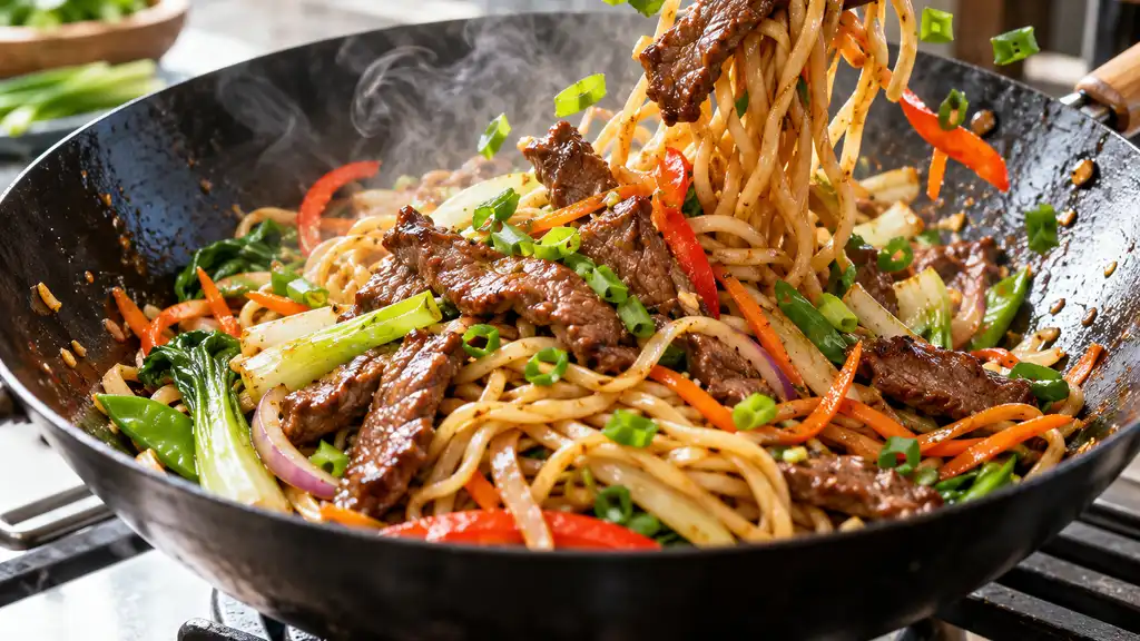 Nouilles sautées au wok avec fines lamelles de bœuf et légumes