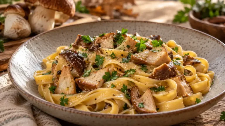 Tagliatelles crémeuses garnies de cèpes poêlés