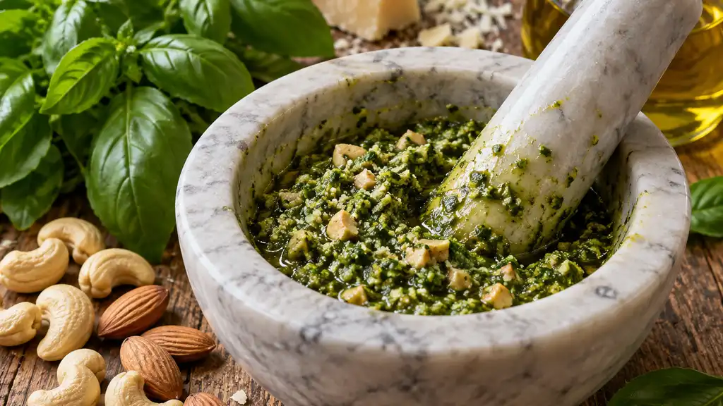 Pesto vert au basilic préparé au mortier avec noix