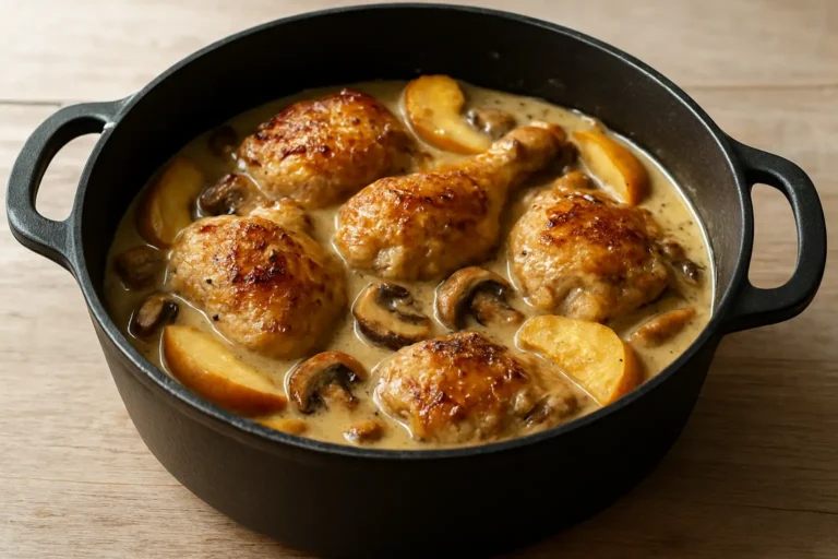 Poulet au cidre servi en cocotte avec sauce crémeuse, pommes et champignons