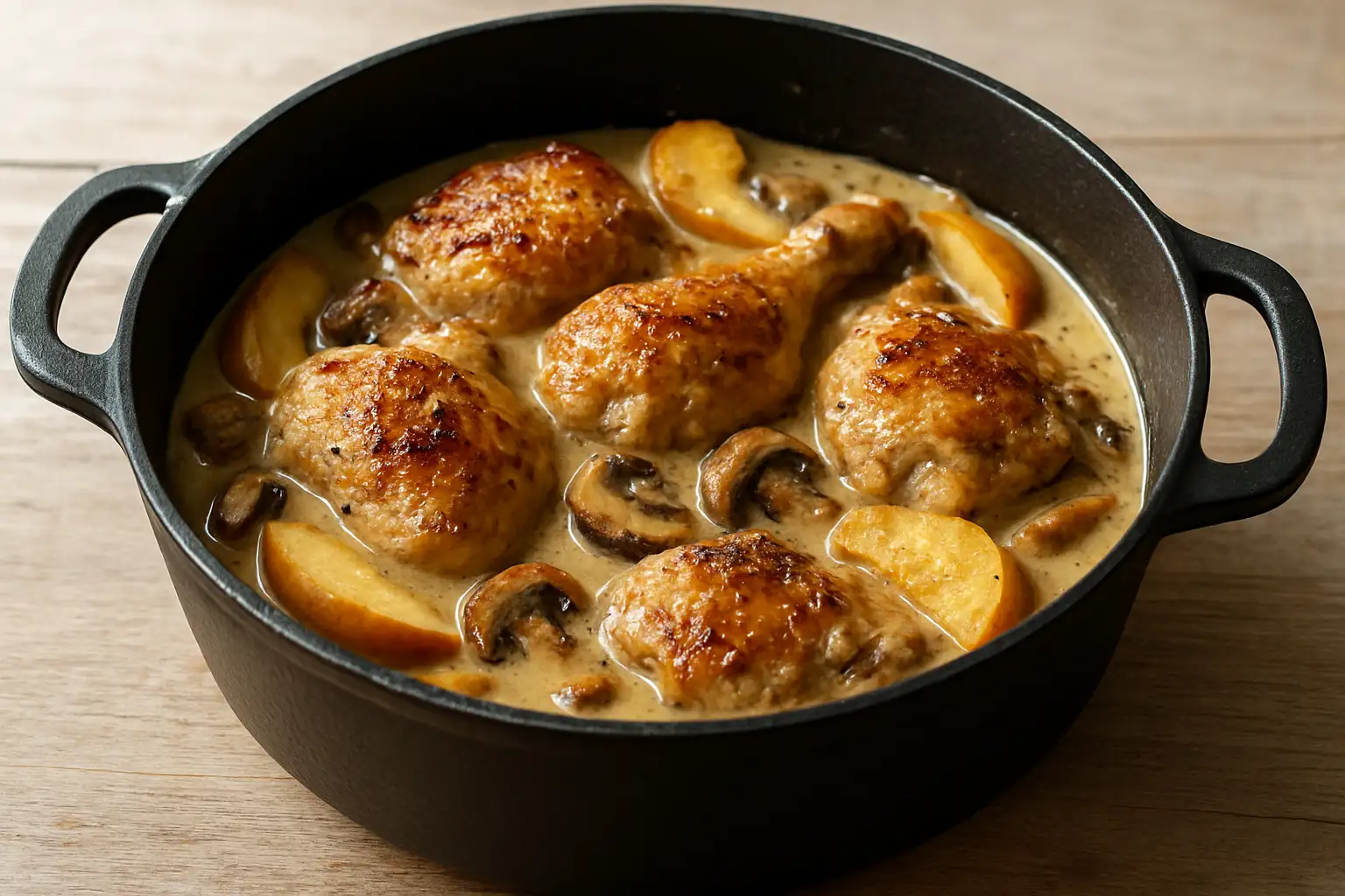 Poulet au cidre servi en cocotte avec sauce crémeuse, pommes et champignons