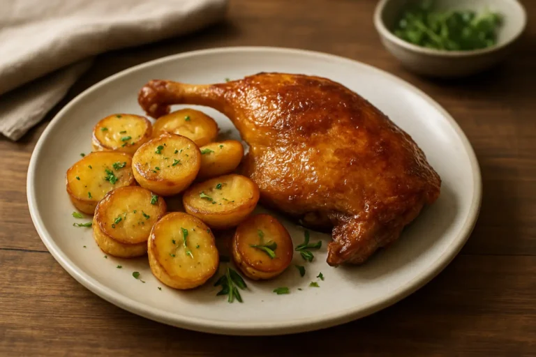 Assiette rustique avec une cuisse de canard confite dorée et croustillante