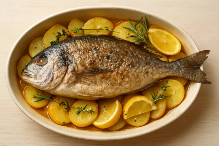 Dorade entière rôtie au four sur un lit de pommes de terre et de citron, avec thym et romarin