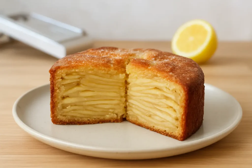 Gâteau invisible aux pommes tranché, montrant les fines strates de pommes, avec une mandoline et un citron en arrière-plan