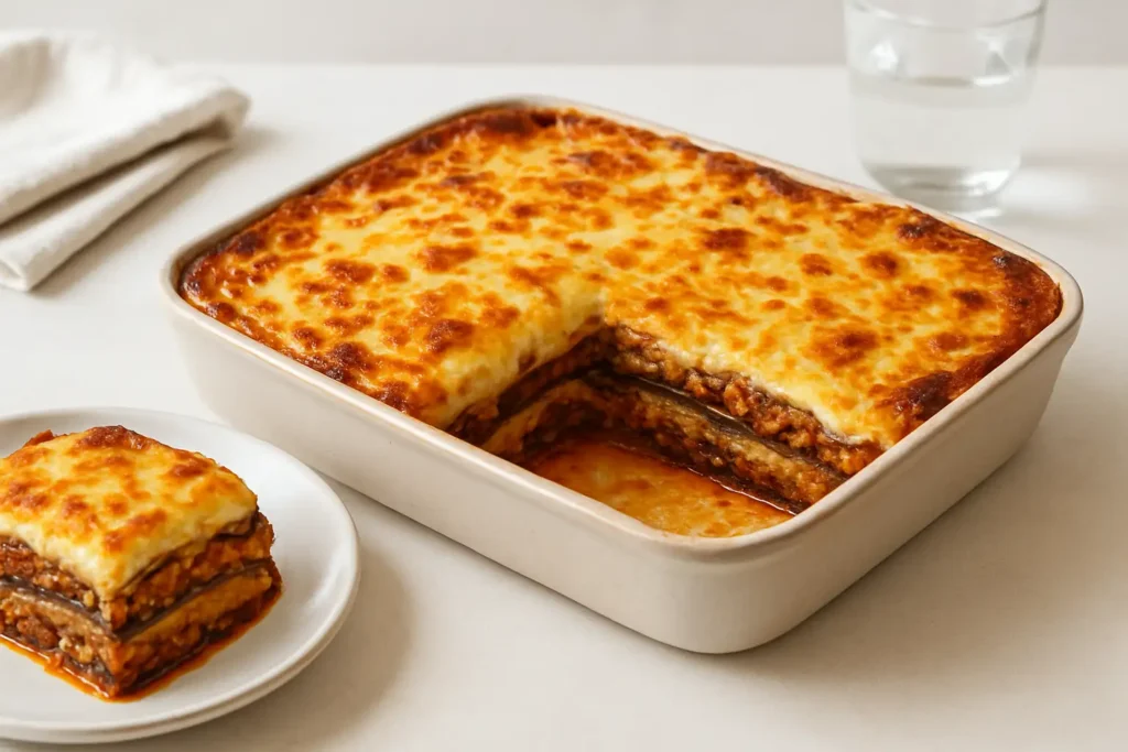 Moussaka grecque traditionnelle gratinée dans un plat de service