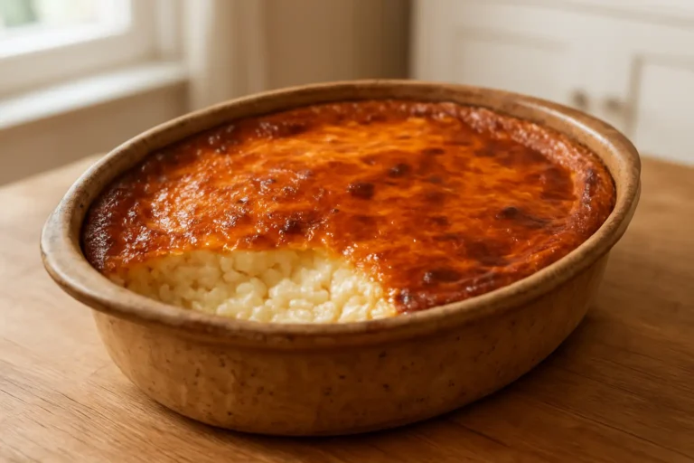 Teurgoule normande traditionnelle avec croûte caramélisée dans un plat en grès