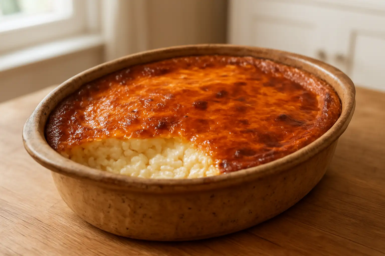 Teurgoule normande traditionnelle avec croûte caramélisée dans un plat en grès