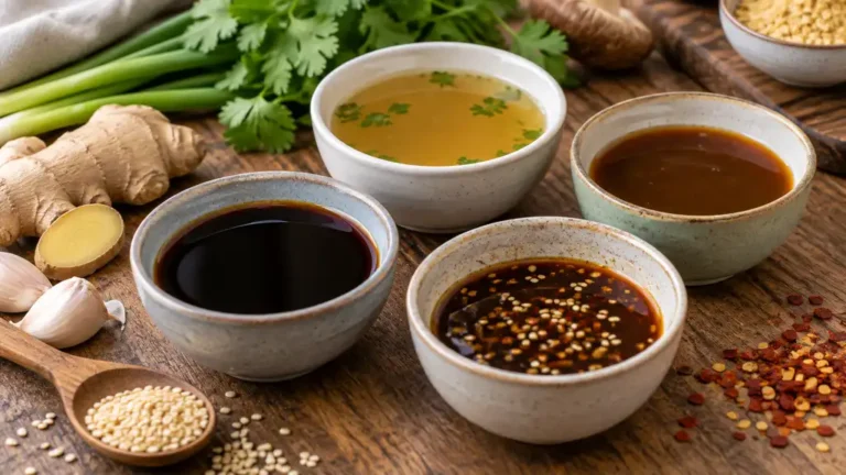 Petits bols de sauces alternatives avec gingembre et graines