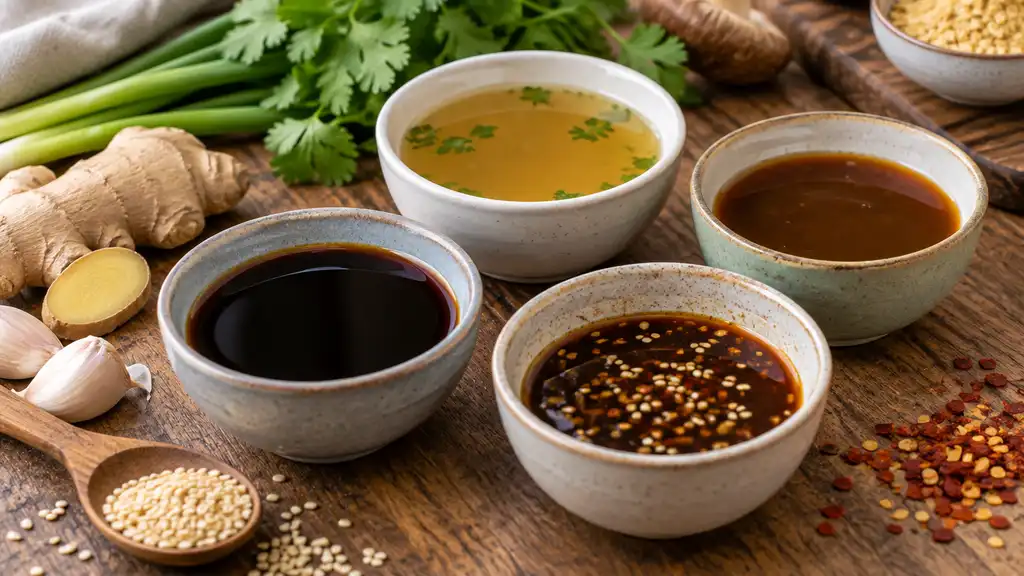 Petits bols de sauces alternatives avec gingembre et graines