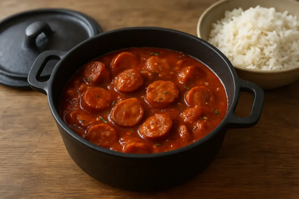 Rougail saucisse au Cookeo servi avec du riz blanc dans une marmite ouverte