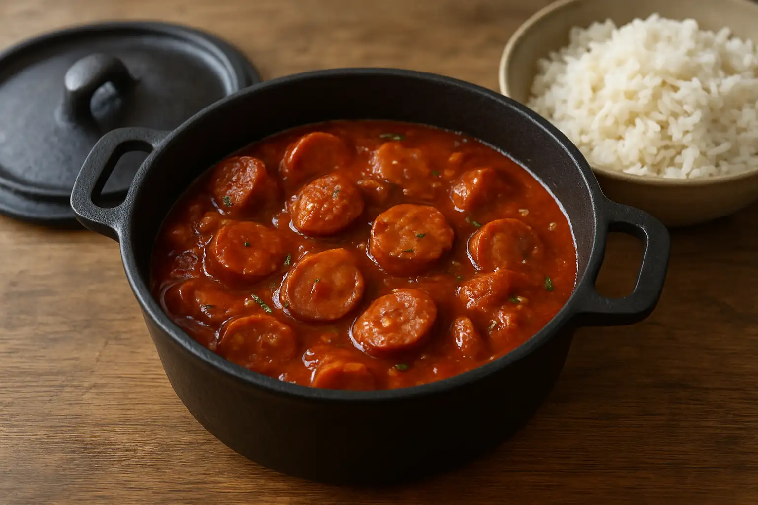 Rougail saucisse au Cookeo servi avec du riz blanc dans une marmite ouverte