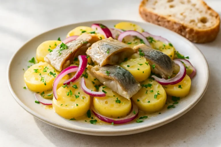 Salade de pommes de terre et hareng avec oignon rouge, herbes et vinaigrette moutardée